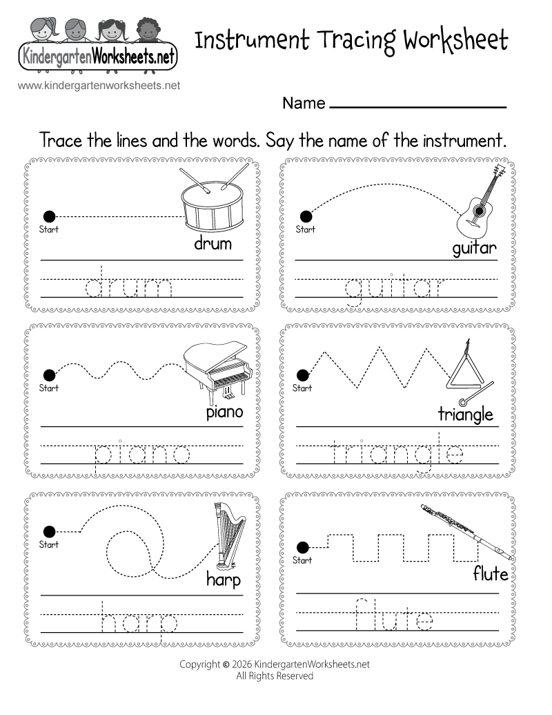 Kindergarten Instrument Tracing Worksheet Printable