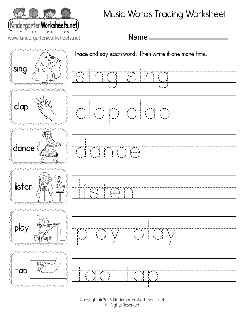 Kindergarten Music Words Tracing Worksheet Printable