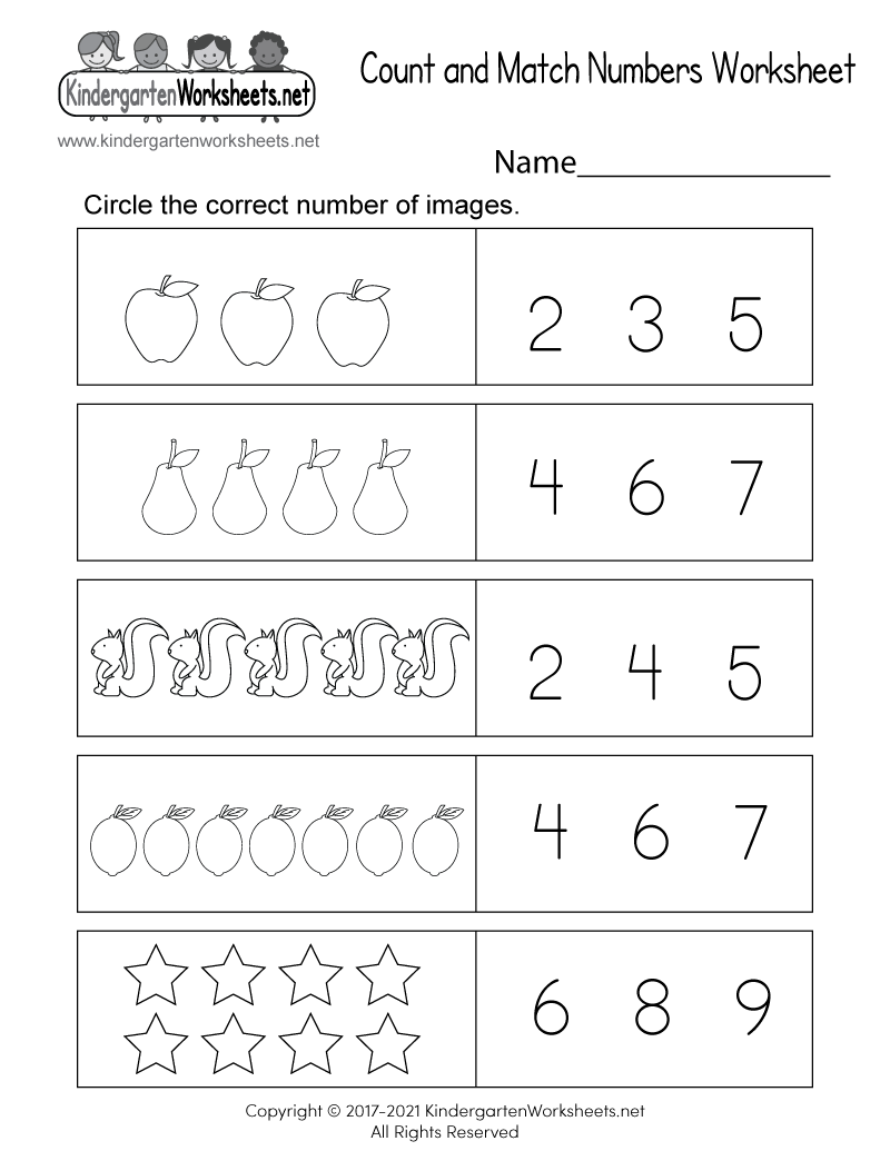 Kindergarten Count and Match Numbers Worksheet for Kids Printable