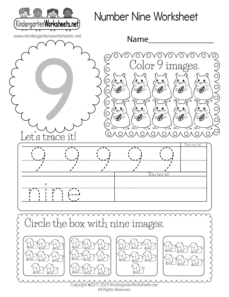 Kindergarten Number Nine Worksheet Printable