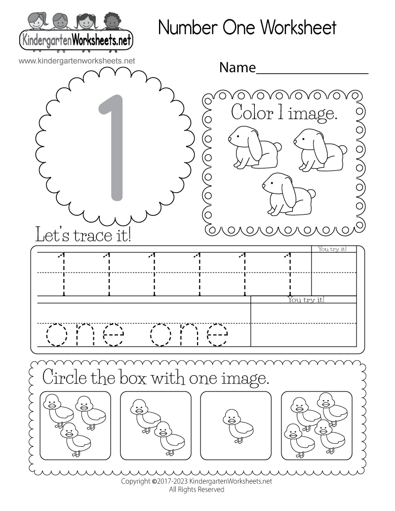 Kindergarten Number One Worksheet Printable