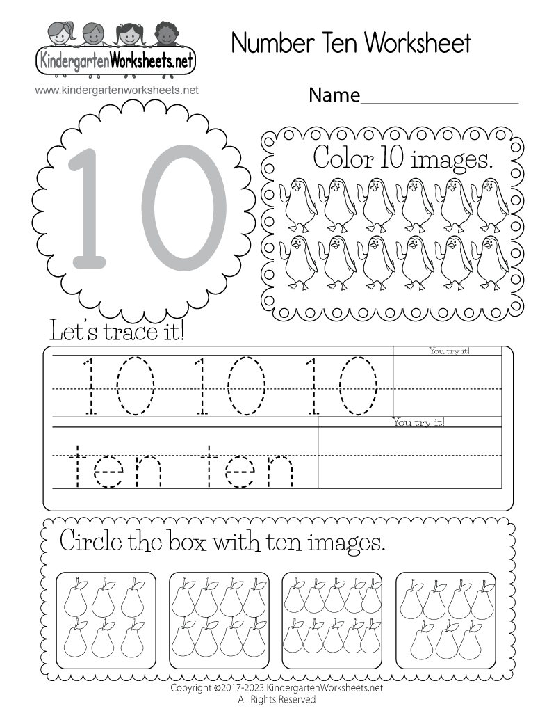 Kindergarten Number Ten Worksheet Printable