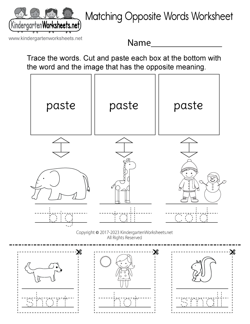 Kindergarten Matching Opposite Words Worksheet Printable