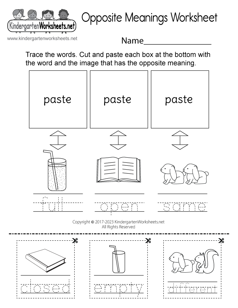 Kindergarten Opposite Meanings Worksheet Printable