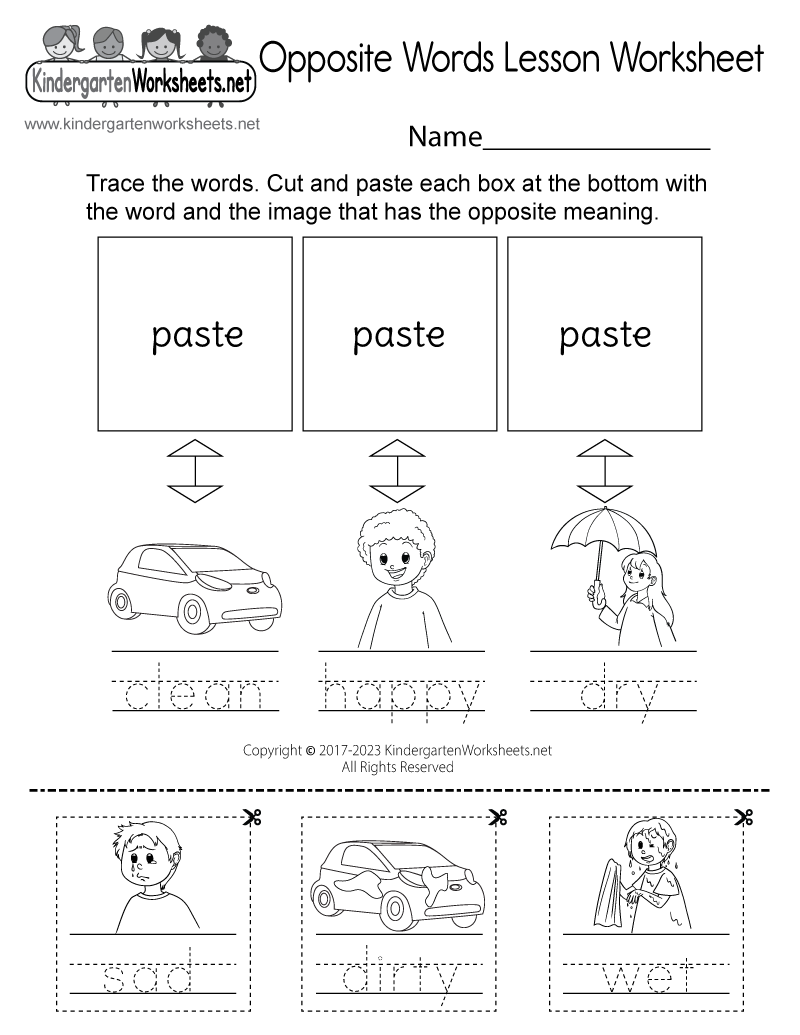 Kindergarten Opposite Words Lesson Worksheet Printable