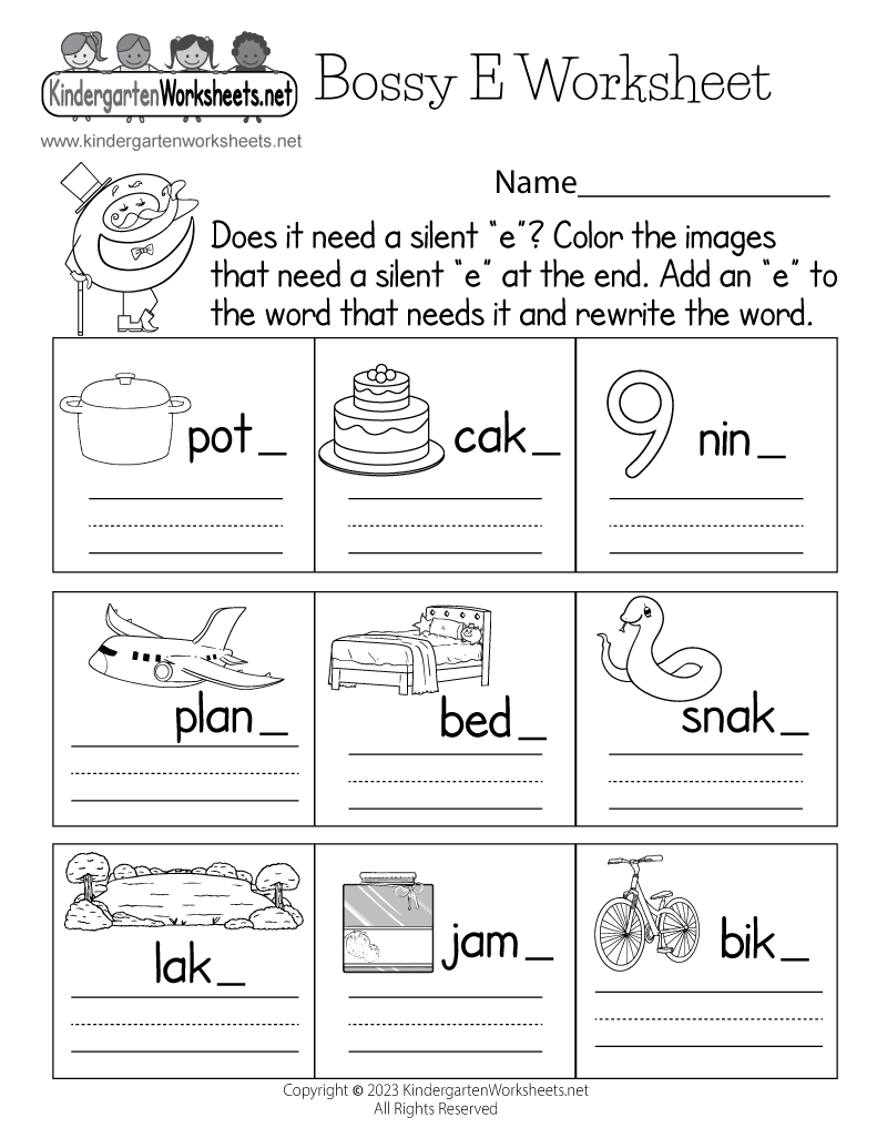 Kindergarten Bossy E Worksheet Printable