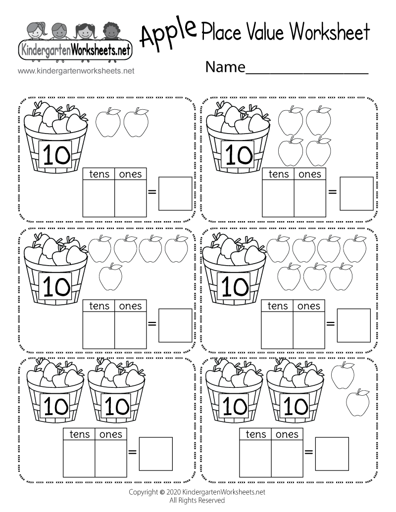 Kindergarten Apple Place Value Worksheet Printable