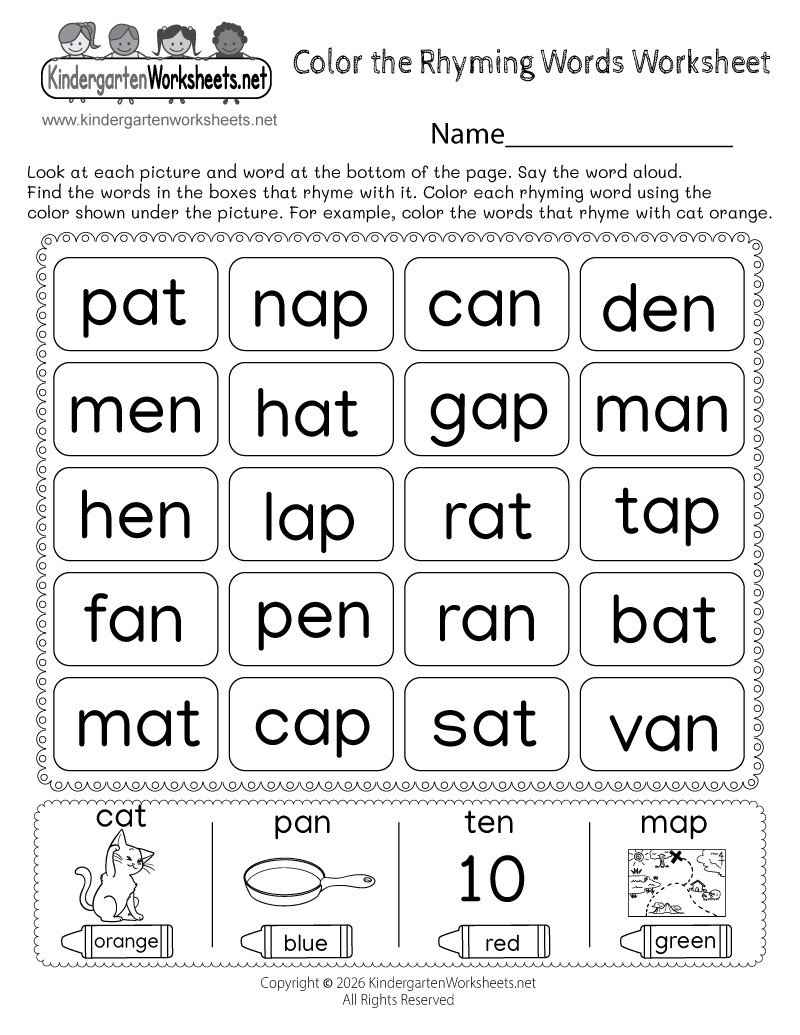 Kindergarten Color the Rhyming Words Worksheet Printable