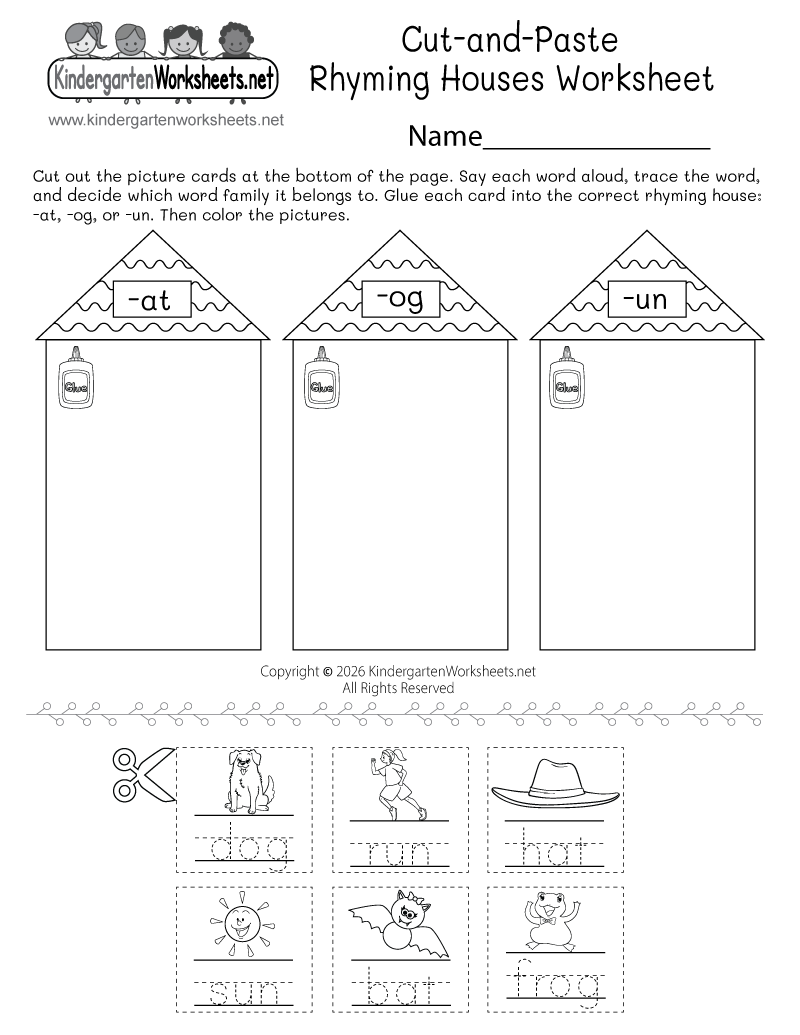 Kindergarten Cut-and-Paste Rhyming Houses Worksheet Printable