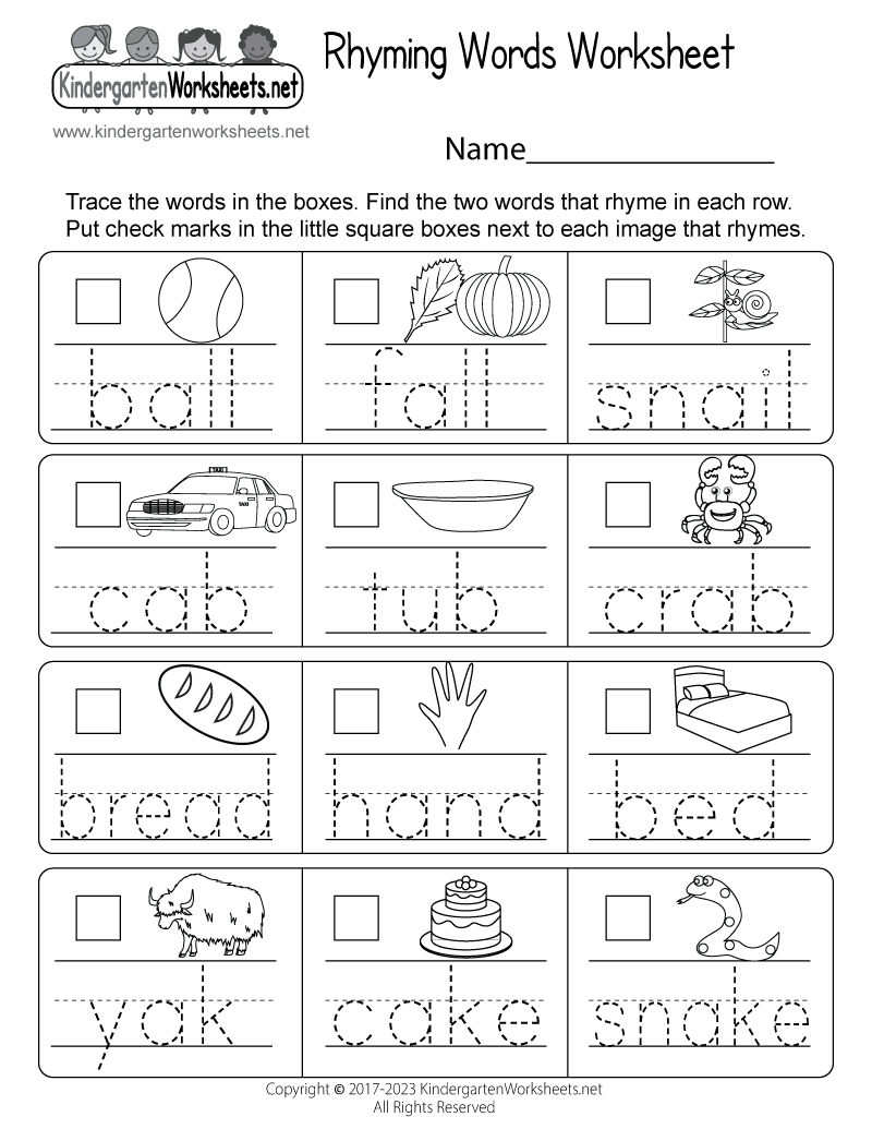 Kindergarten Rhyming Words Worksheet Printable