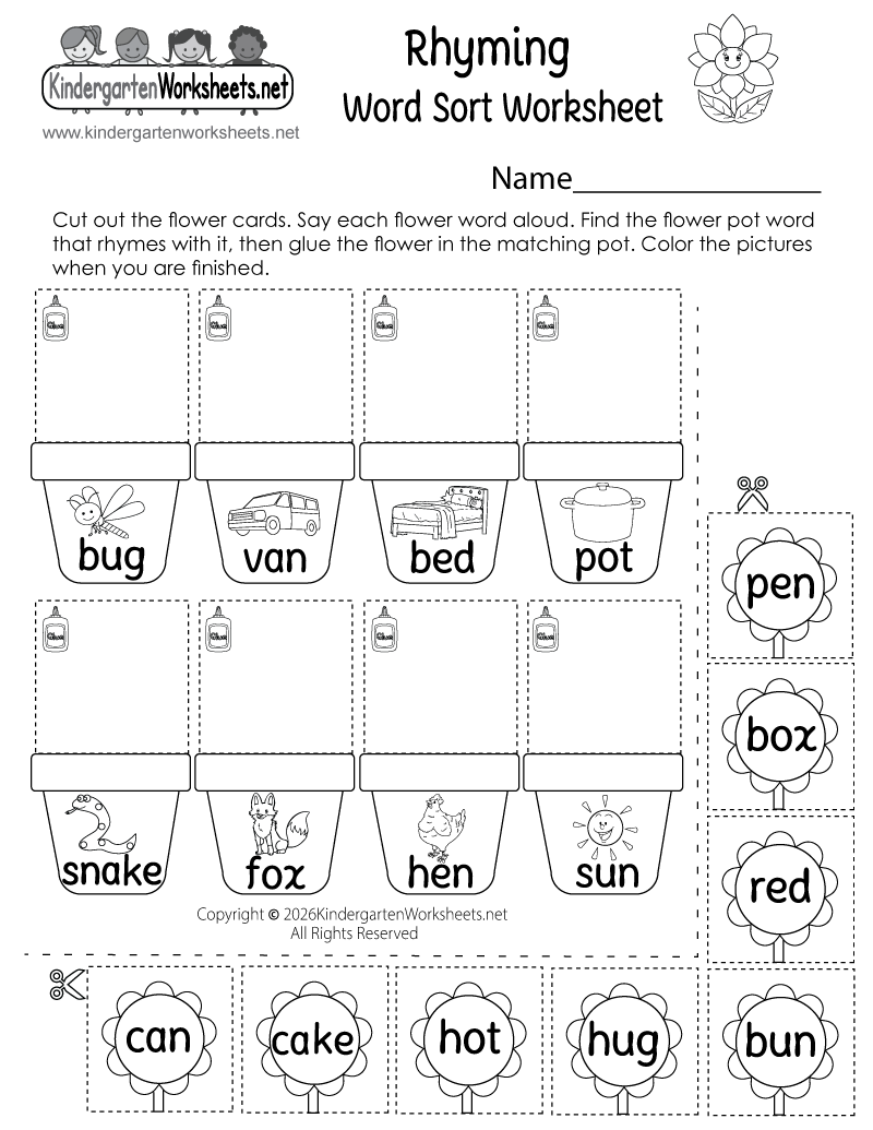 Kindergarten Rhyming Word Sort Worksheet Printable