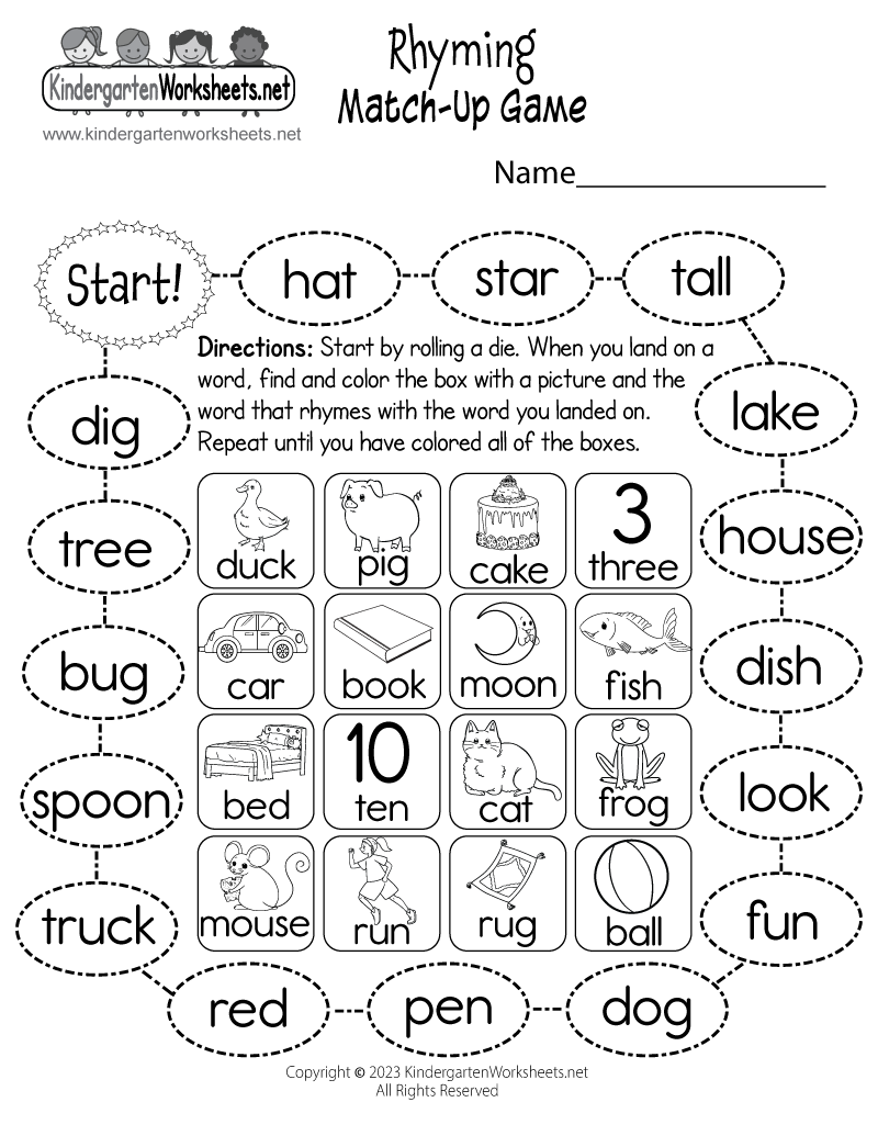 Kindergarten Rhyming Match-Up Game Worksheet Printable