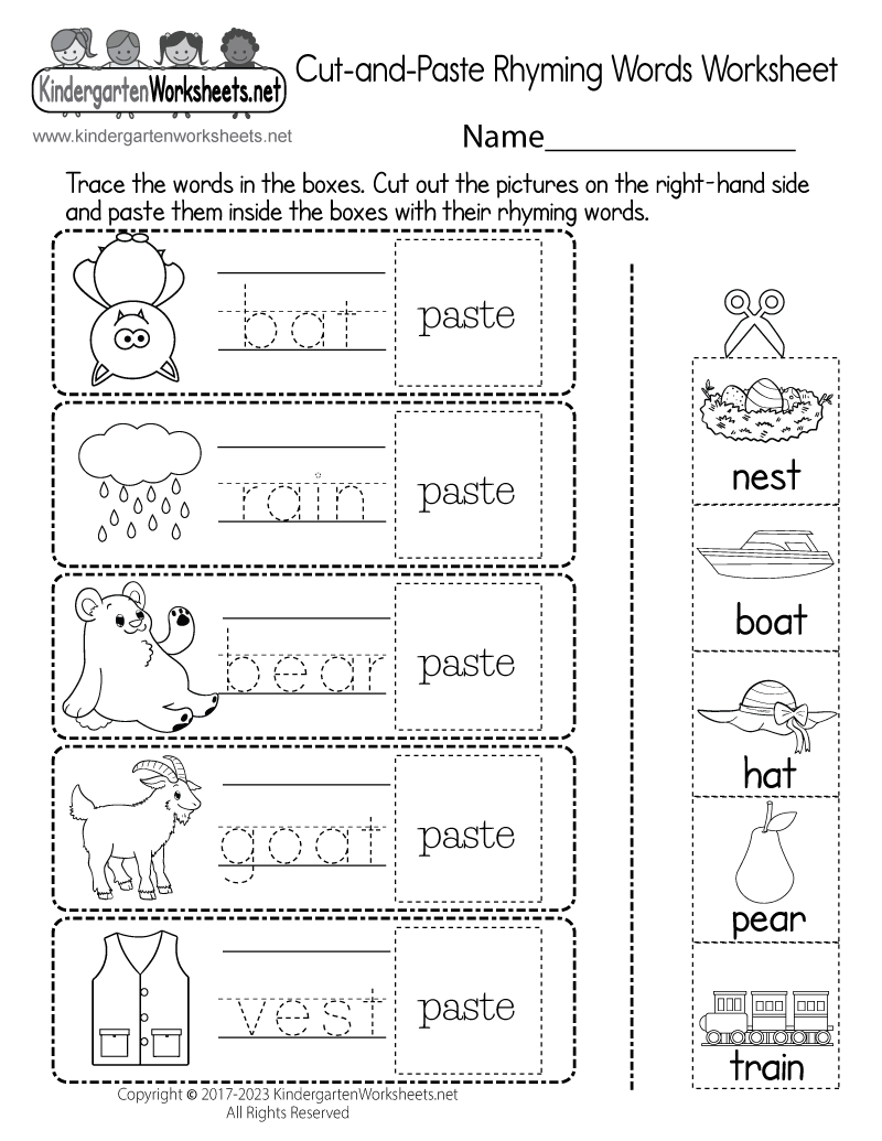 Kindergarten Cut-and-Paste Rhyming Words Worksheet Printable