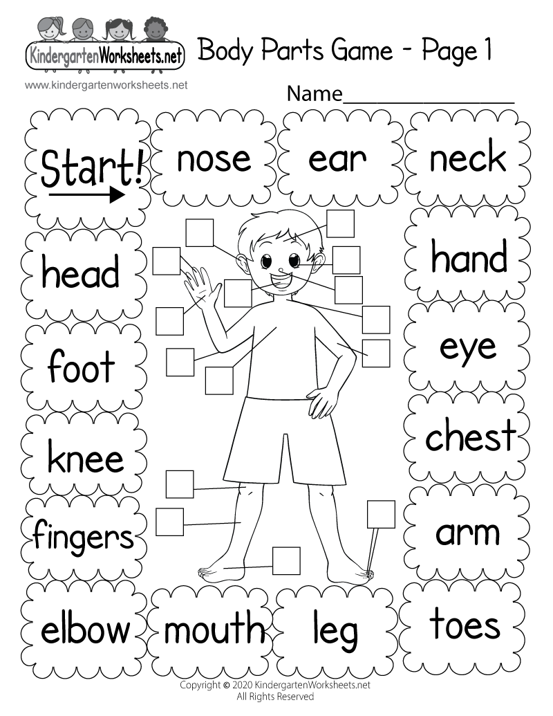Kindergarten Body Parts Game Worksheet Printable
