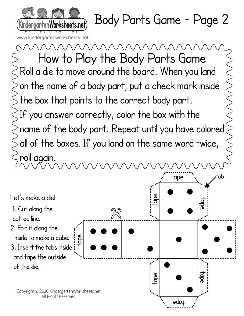 Instructions for the Body Parts Game Worksheet for Kindergarten Printable