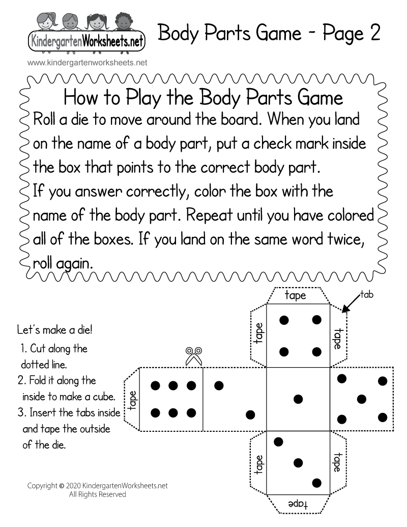 Kindergarten Instructions for the Body Parts Game Worksheet Printable