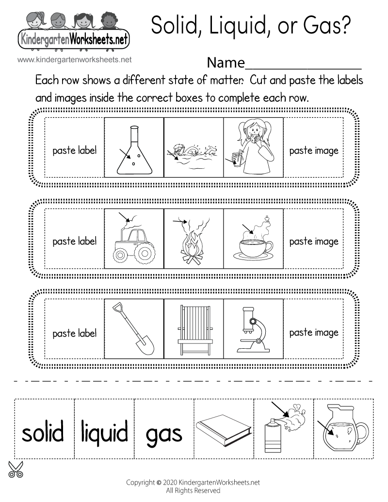 Kindergarten Solid, Liquid, or Gas Worksheet Printable