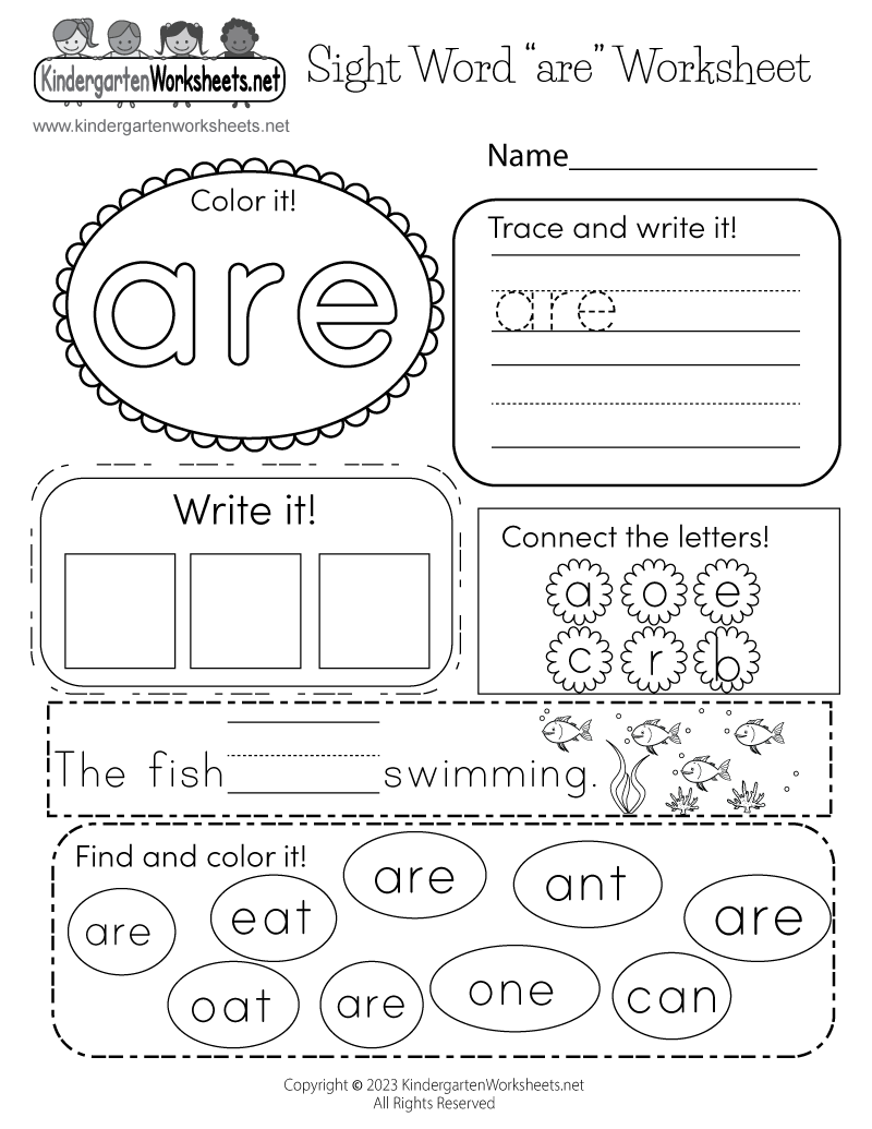 Kindergarten Sight Word "are" Worksheet Printable