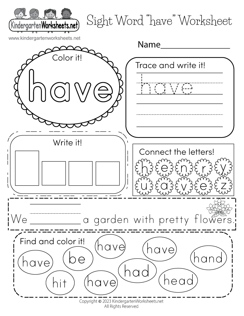 Kindergarten Sight Word “have” Worksheet Printable