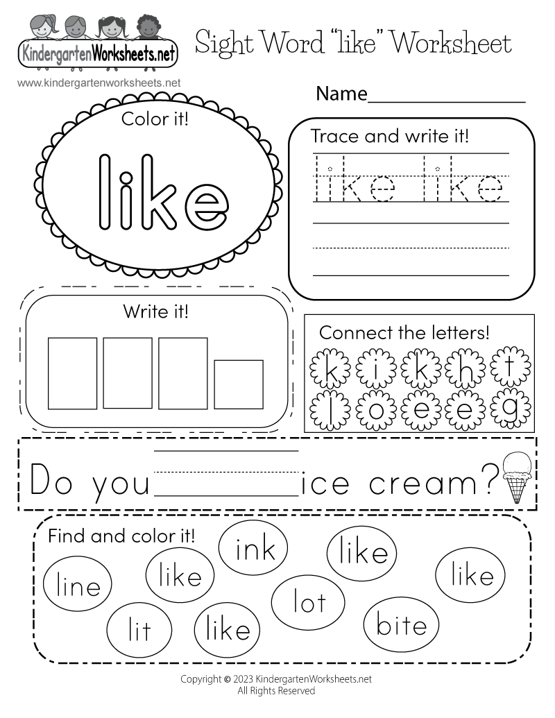 Free Printable Kindergarten Sight Word Like Worksheets