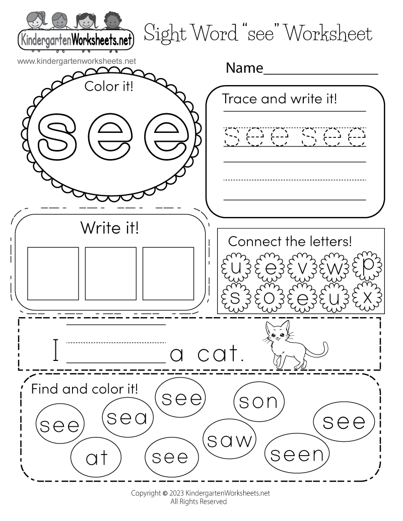 see sight word worksheet printable - Printable Kindergarten Sight Word