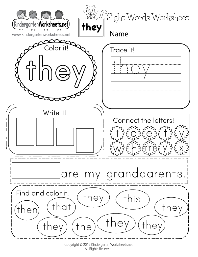 Kindergarten Sight Word “they” Worksheet Printable