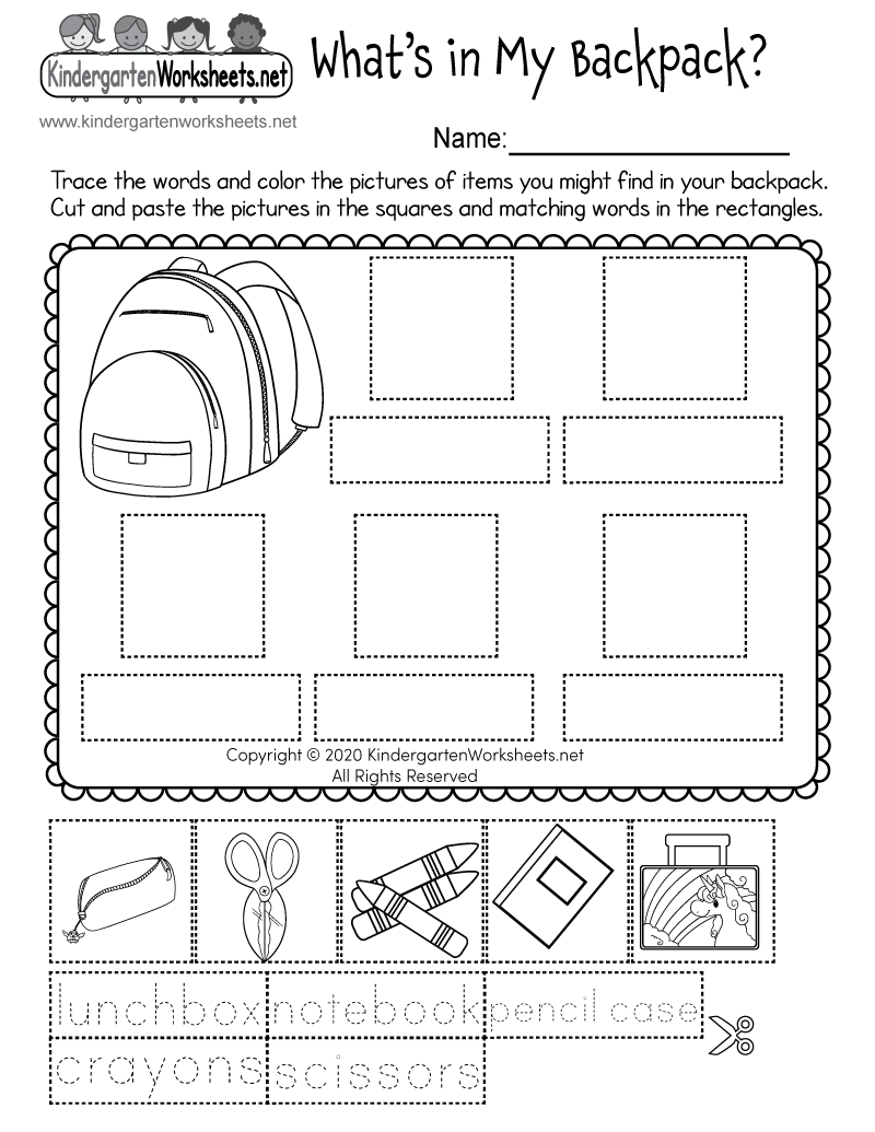 Kindergarten What’s in My Backpack? Worksheet Printable