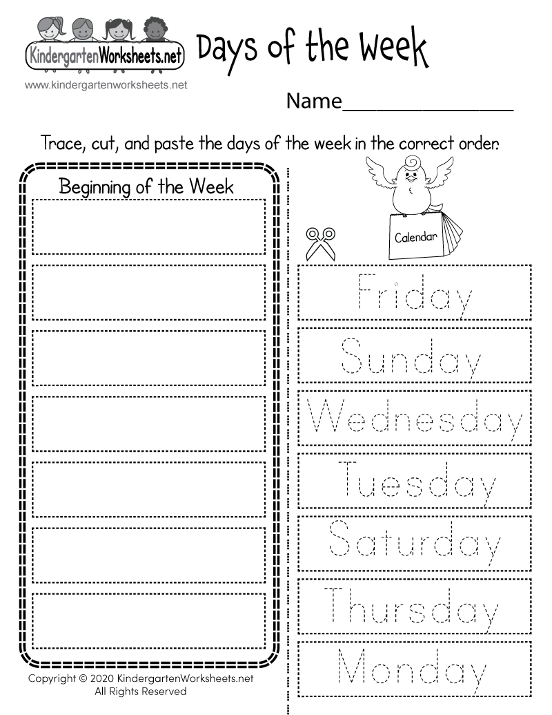 Kindergarten Days of the Week Worksheet Printable