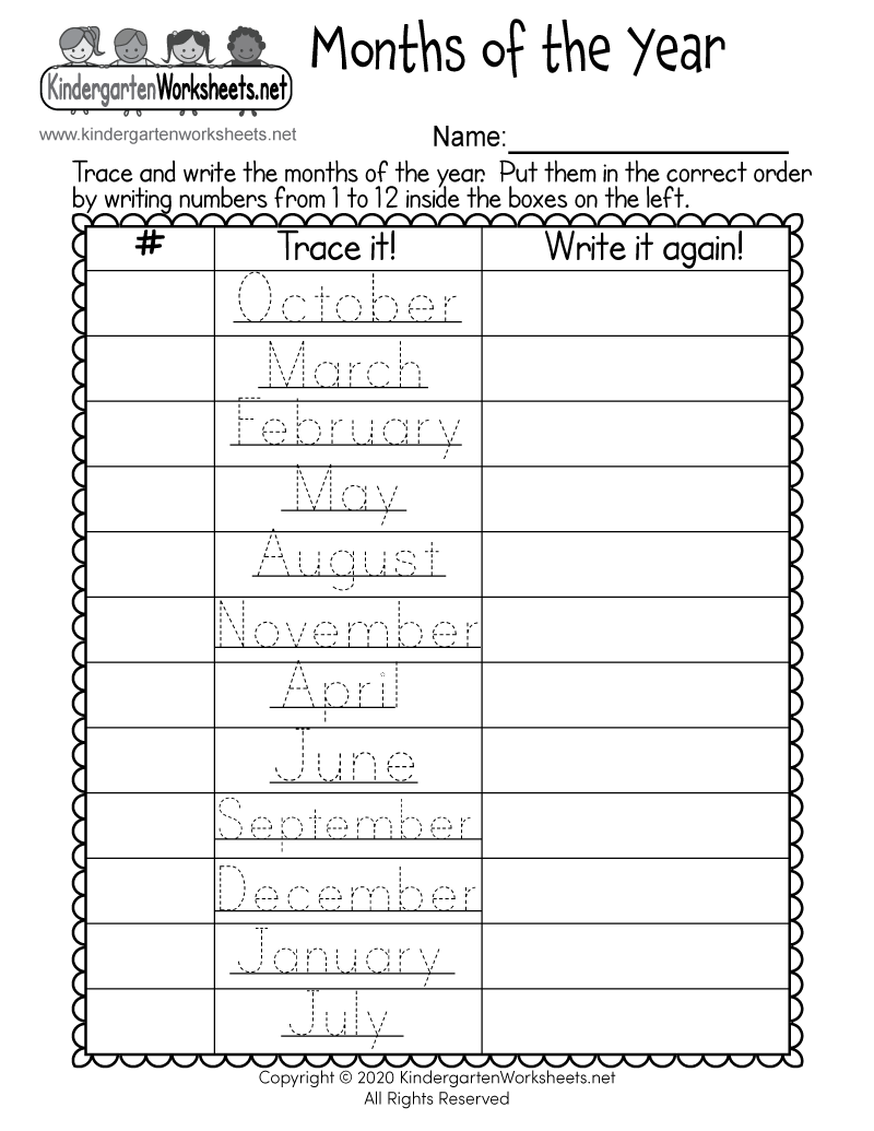Kindergarten Months of the Year Worksheet Printable