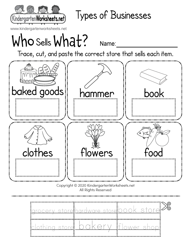 Kindergarten Types of Businesses Worksheet Printable