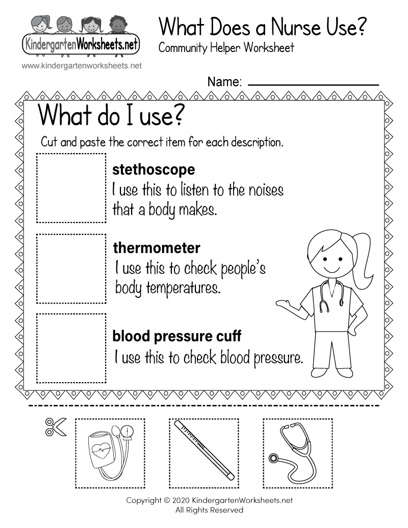 Kindergarten What Does a Nurse Use? Worksheet Printable
