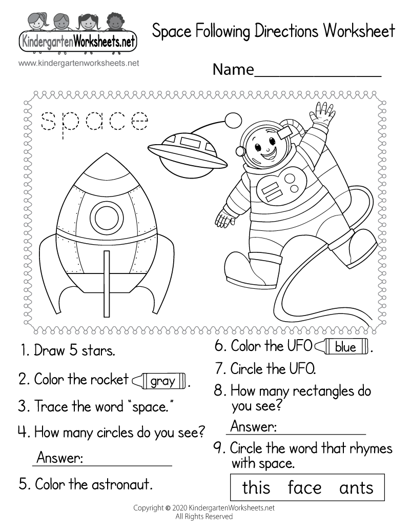 Kindergarten Space Following Directions Worksheet Printable