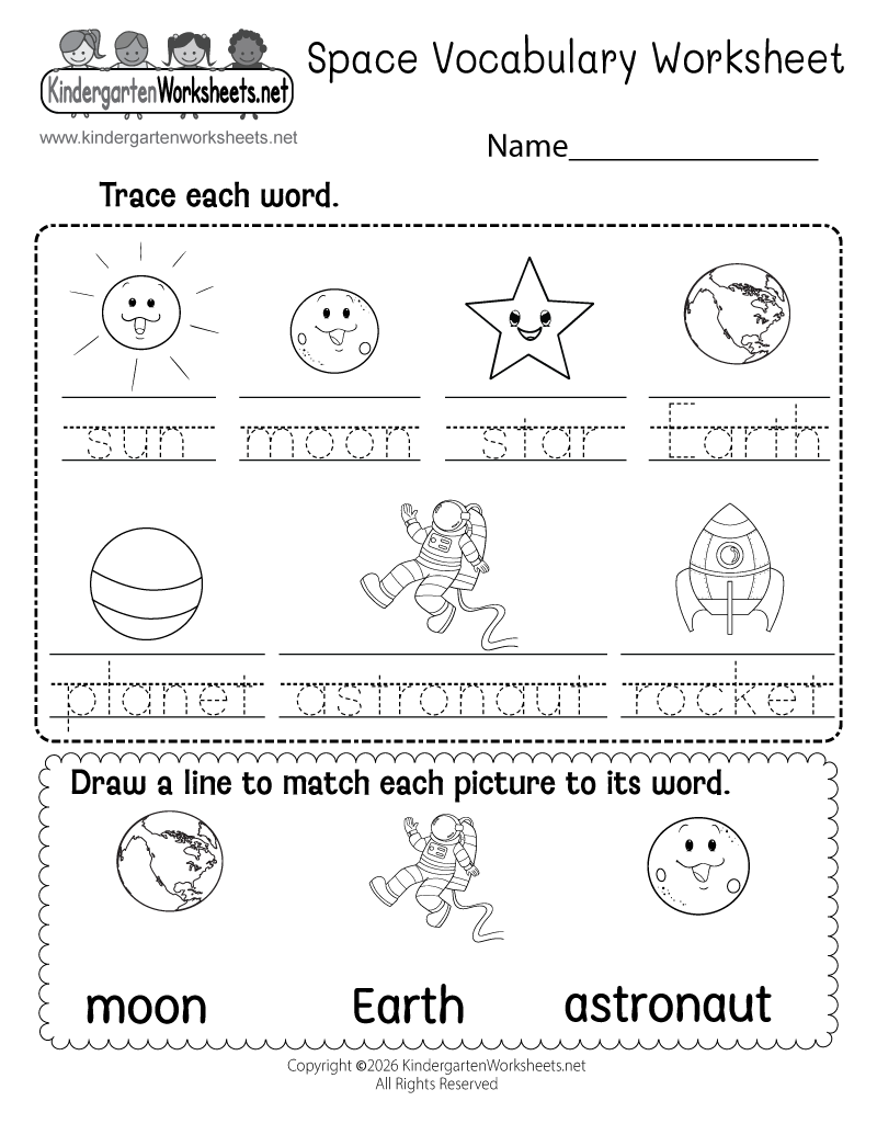 Kindergarten Space Vocabulary Worksheet Printable
