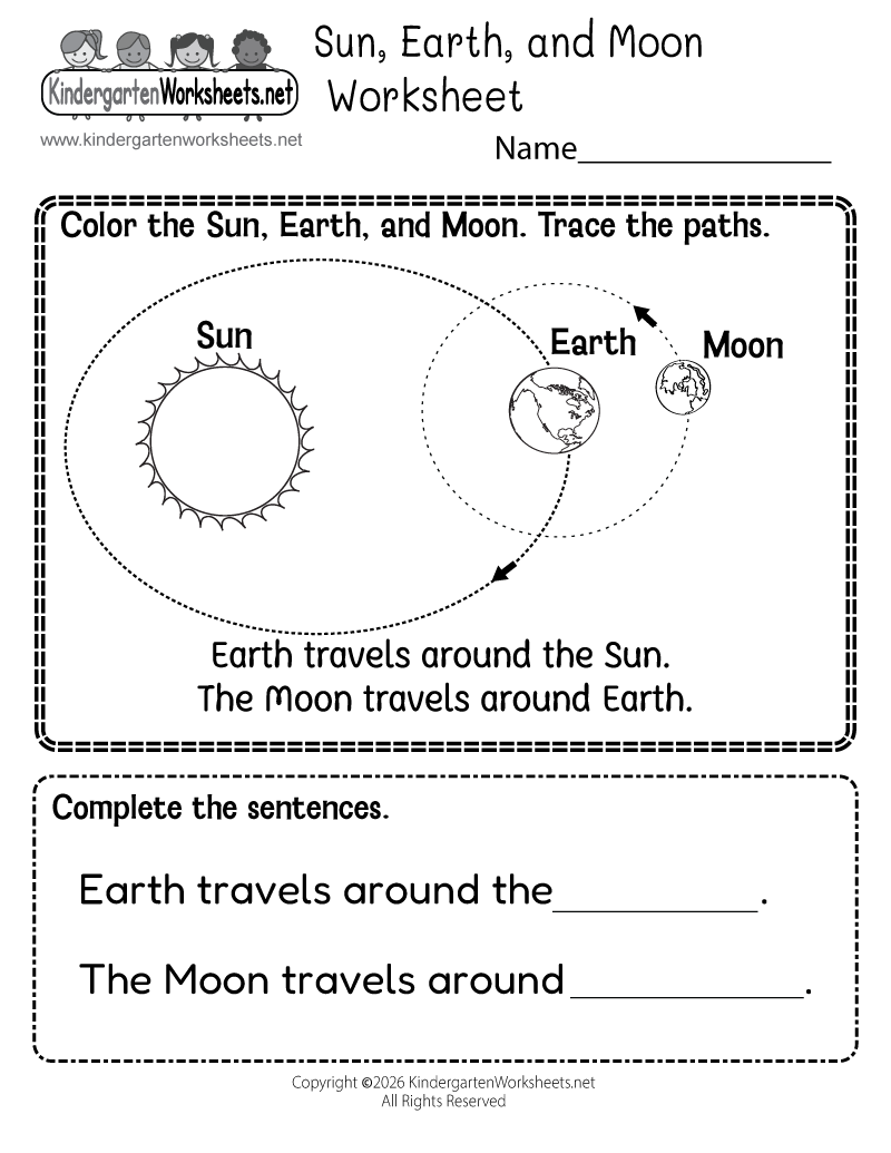 Kindergarten Sun, Earth, and Moon Worksheet Printable