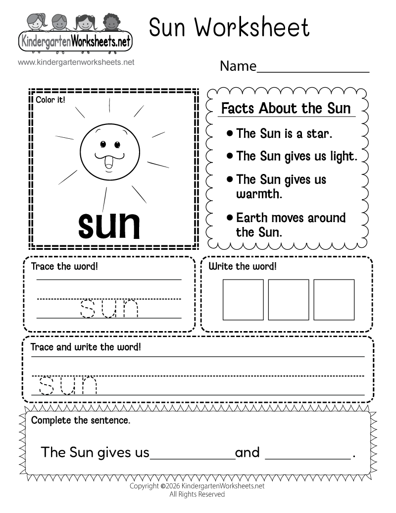 Kindergarten Sun Worksheet Printable