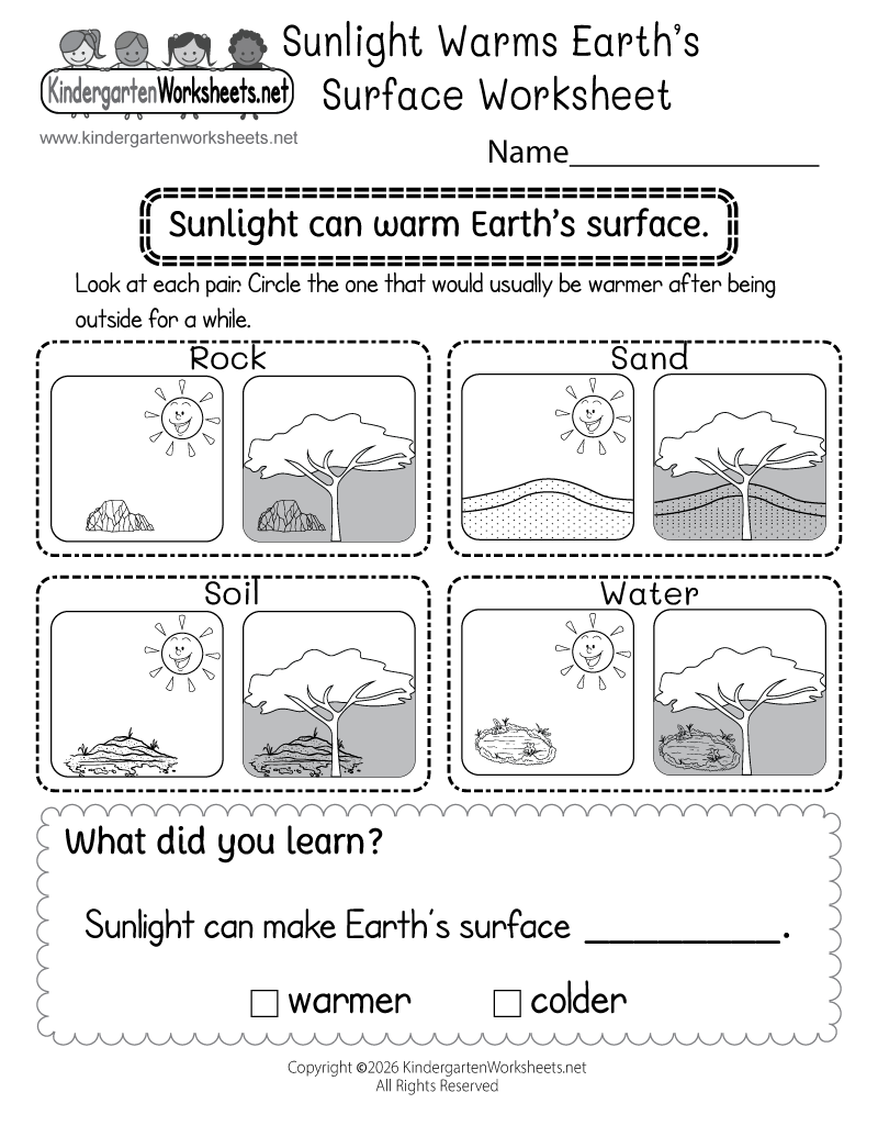 Kindergarten Sunlight Warms Earth's Surface Worksheet Printable