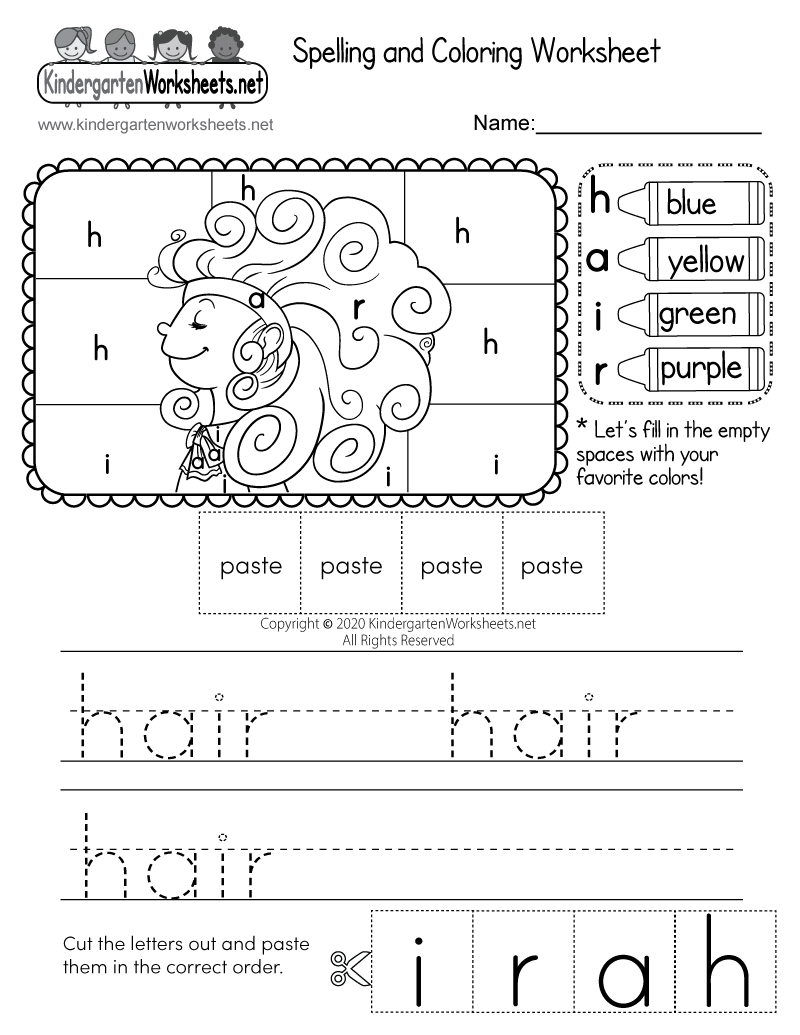 Kindergarten Hair Spelling and Coloring Worksheet Printable