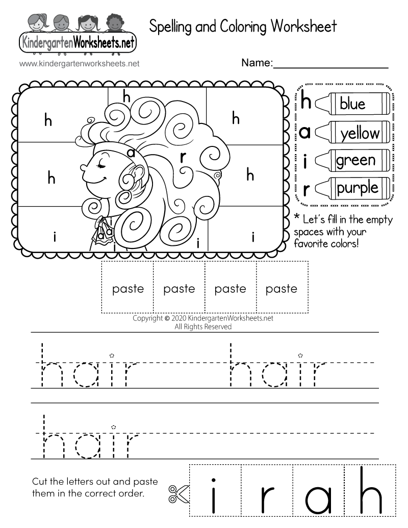 Kindergarten "Hair" Spelling and Coloring Worksheet Printable