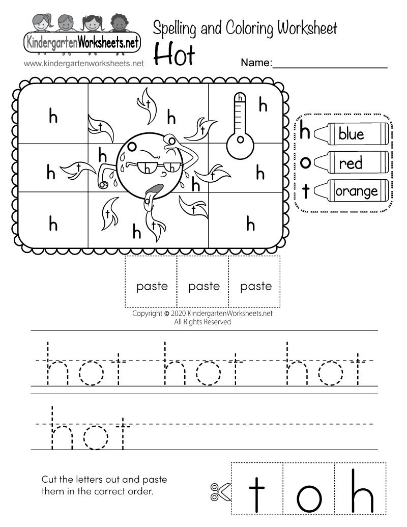 Kindergarten "Hot" Spelling and Coloring Worksheet Printable