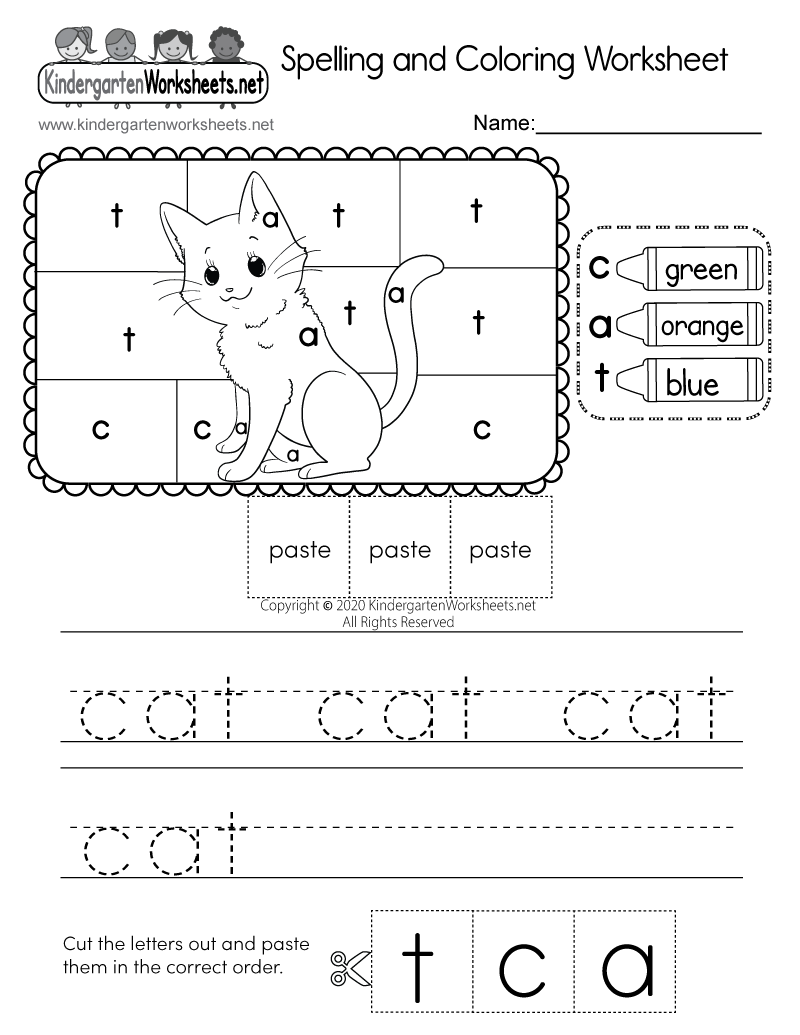 Kindergarten "Cat" Spelling and Coloring Worksheet Printable