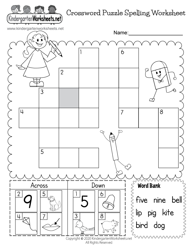 crossword puzzle spelling worksheet for kindergarten free