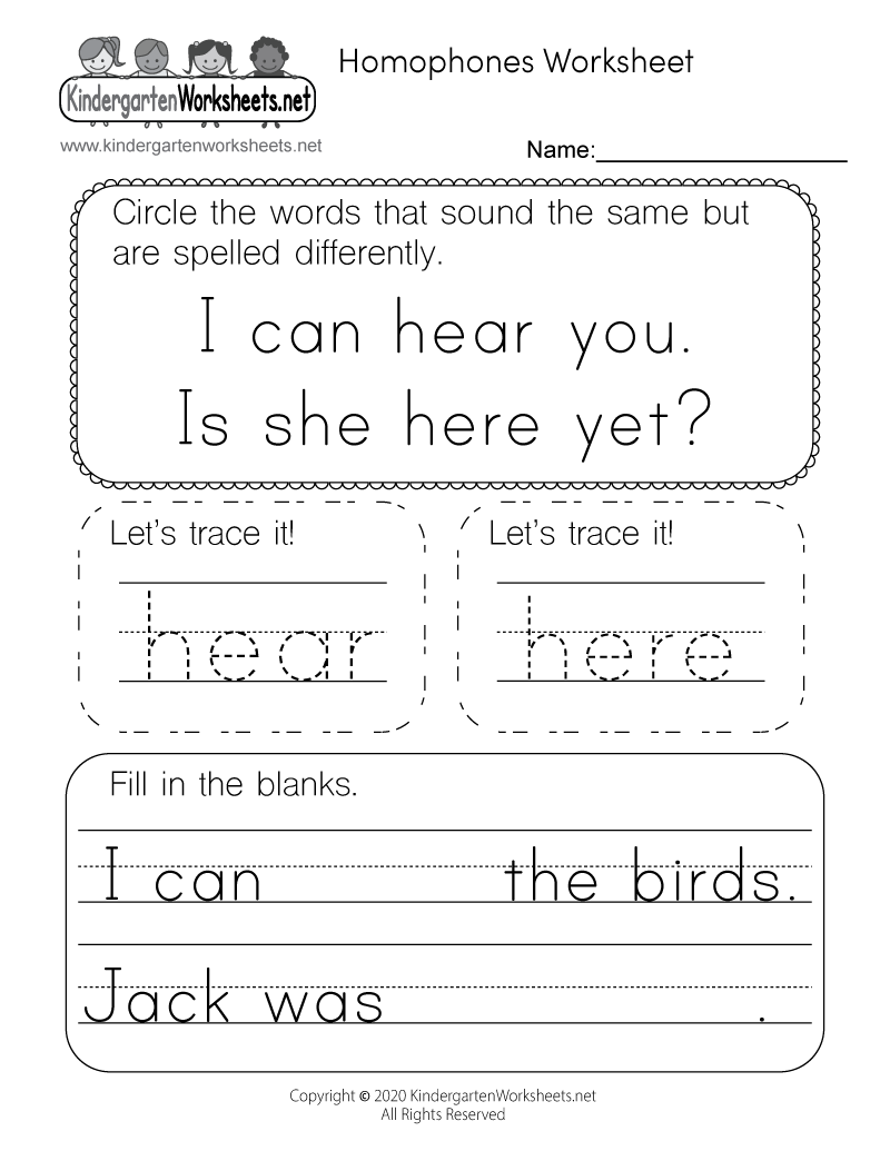 Kindergarten Homophones Worksheet Printable