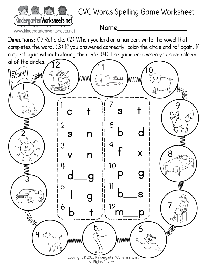 Kindergarten CVC Words Spelling Game Worksheet Printable