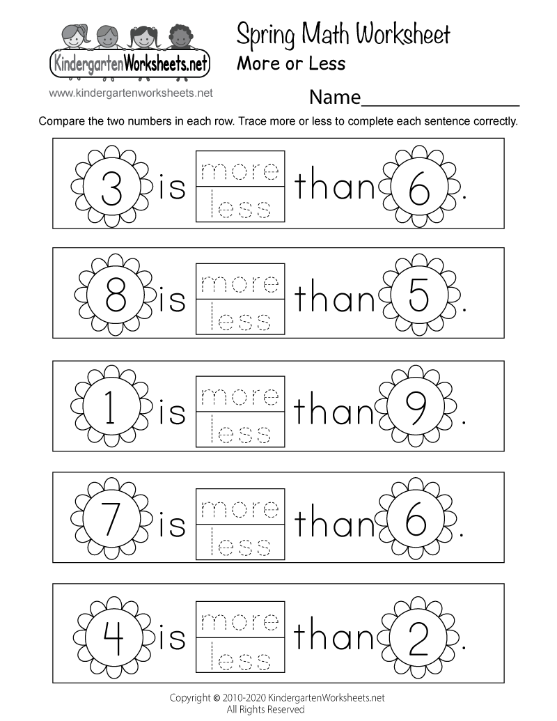 spring math worksheet for kindergarten more or less