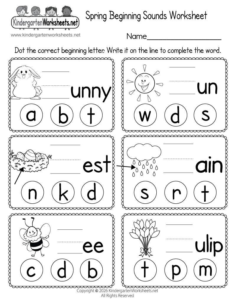 Kindergarten Spring Beginning Sounds Worksheet Printable