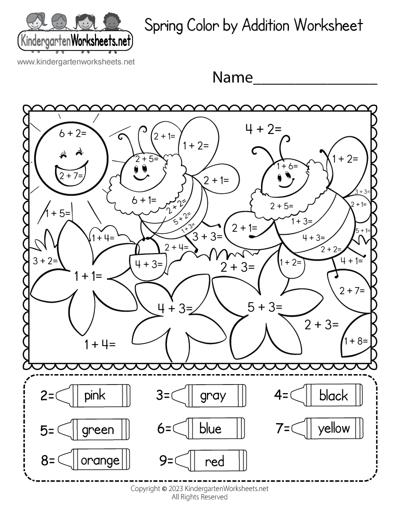 Free Printable Spring Color By Addition Worksheet For Kindergarten