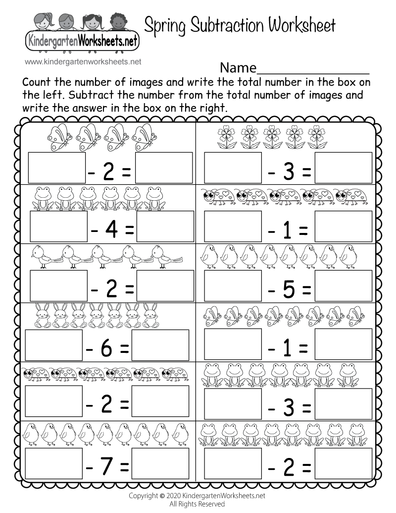 Kindergarten Spring Subtraction Worksheet Printable