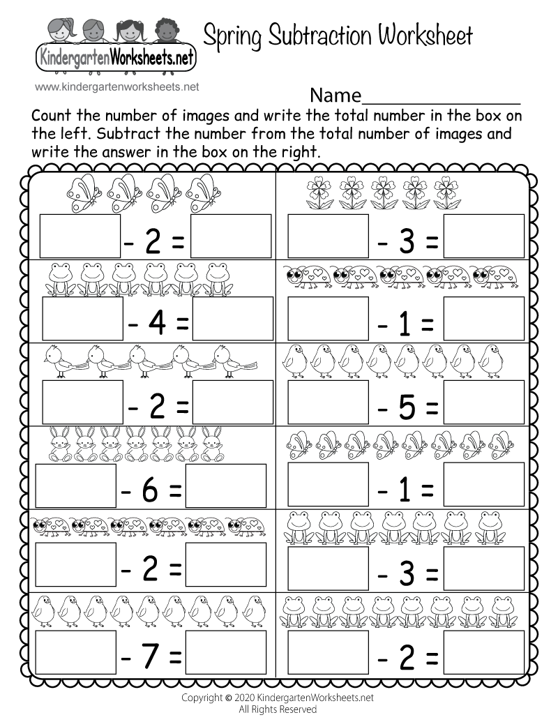 free printable spring subtraction worksheet for kindergarten