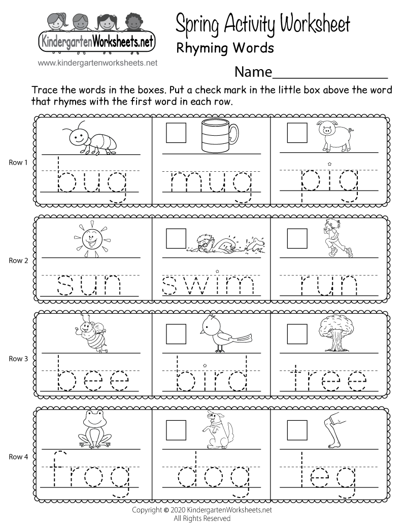 Free Printable Spring Rhyming Words Activity Worksheet for Kindergarten