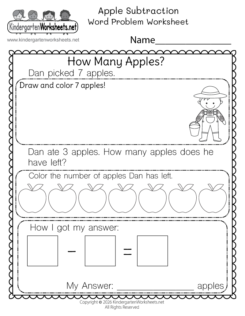 Kindergarten Apple Subtraction Word Problem Worksheet Printable